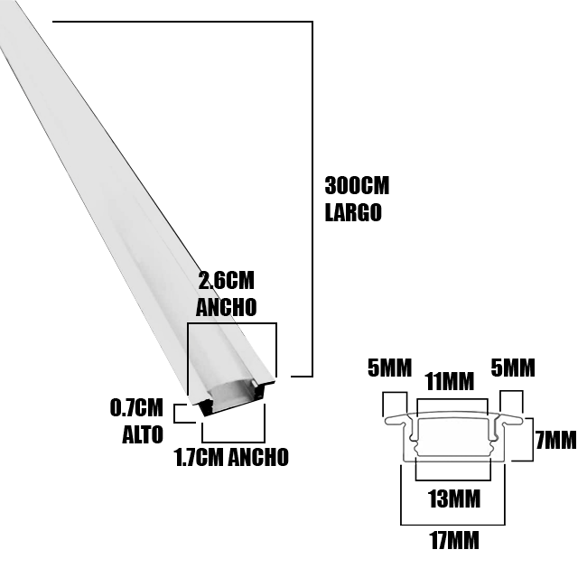 PERFIL DE ALUMINIO 3.00MTS EMPOTRABLE PARA CINTA LED