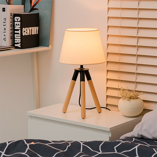 LÁMPARA DE MESA DE MADERA TRÍPODE GRECIA + FOCO LED 12W LUZ CÁLIDA