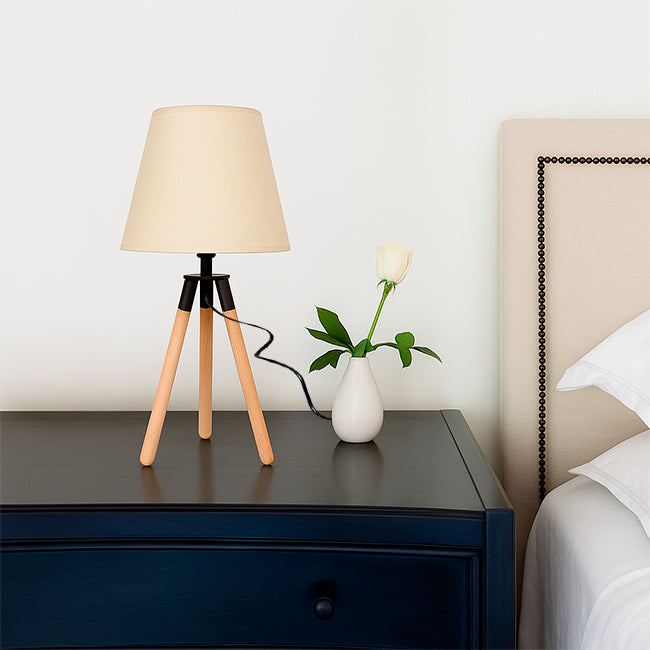 LÁMPARA DE MESA DE MADERA TRÍPODE GRECIA + FOCO LED 12W LUZ CÁLIDA