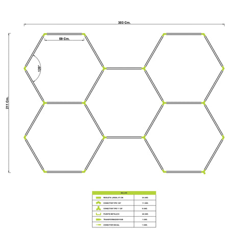 LÁMPARA HEXAGONAL LED ADOSABLE A TECHO/PARED TIPO PANAL "H" - KIT COMPLETO 05 HEXAGONALES (59 CM) LUZ RGB