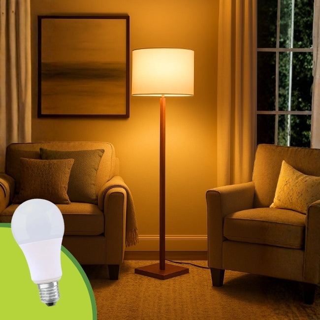 LÁMPARA DE PIE DE MADERA ACAZIEL + FOCO LED 12W LUZ CÁLIDA + PANTALLA 45DIAM 25ALT TOCUYO HUACHA CORTADA