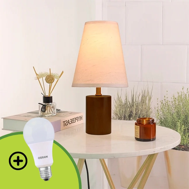 LÁMPARA DE MESA DE MADERA BELLA + FOCO LED 12W LUZ CÁLIDA