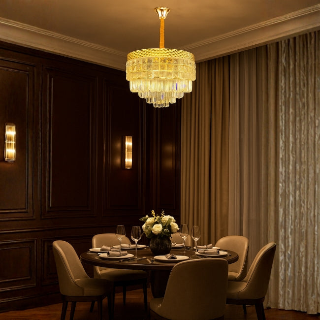 LÁMPARA COLGANTE FATIMA KRYSTAL GOLD + FOCO VELA E14 4W TRANSP LUZ CÁLIDA