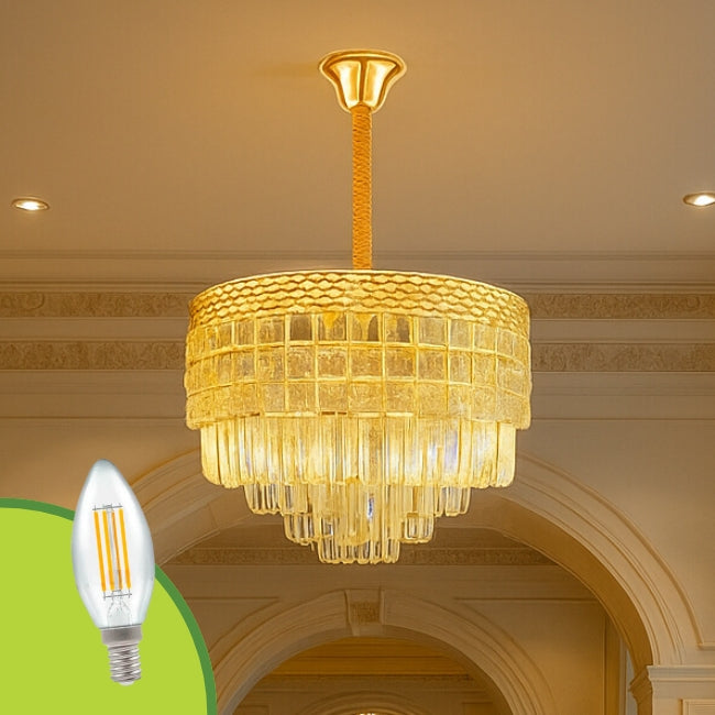 LÁMPARA COLGANTE FATIMA KRYSTAL GOLD + FOCO VELA E14 4W TRANSP LUZ CÁLIDA