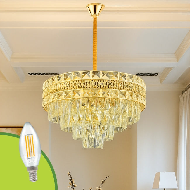 LÁMPARA COLGANTE AISHA KRYSTAL GOLD + FOCO VELA E14 4W TRANSP LUZ CÁLIDA