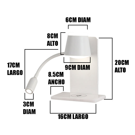 LÁMPARA DE PARED INTERIOR FEDERICA LED 9W + LUZ INTERMEDIA DE LECTURA FLEXIBLE LED 3W Y CARGADOR INALÁMBRICO WIRELESS