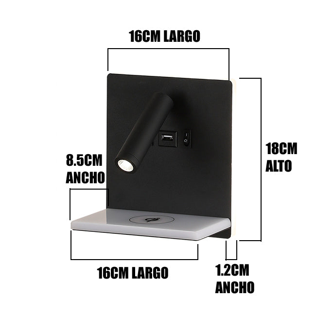 LÁMPARA DE PARED INTERIOR FRANCESCA LED 12W + USB, LUZ INTERMEDIA DE LECTURA LED 3W Y CARGADOR INALÁMBRICO WIRELESS