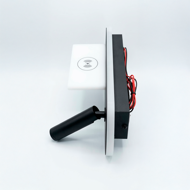 LÁMPARA DE PARED INTERIOR SYMMETRY BLACK LED 8W  + LUZ CÁLIDA DE LECTURA LED 3W + CARGADOR USB - TIPO C PARA IPHONE Y ANDROID Y CARGADOR INALÁMBRICO WIRELESS