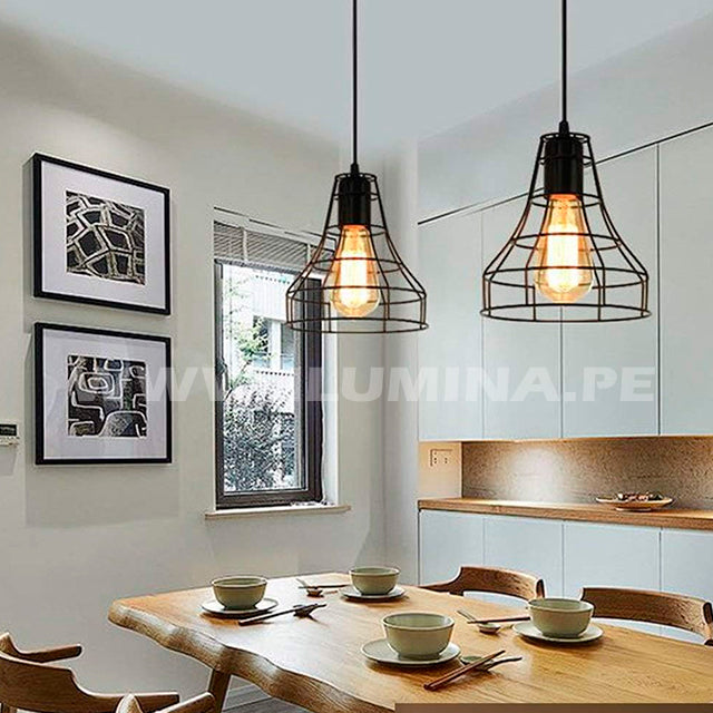 LÁMPARA COLGANTE TIPO JAULA GALICIA BLACK + FOCO LED TRANSPARENTE A60 4W LUZ CÁLIDA