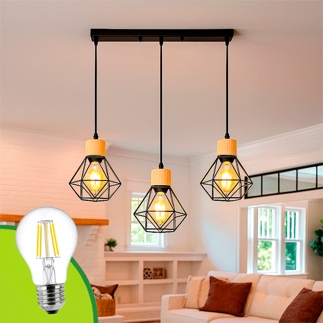 LÁMPARA COLGANTE TIPO JAULA TRIO MARINA BLACK AND WOOD + FOCO LED TIPO PERA A60 FILAMENTO TRANSP 4W 2700K LUZ CÁLIDA ILUMINA