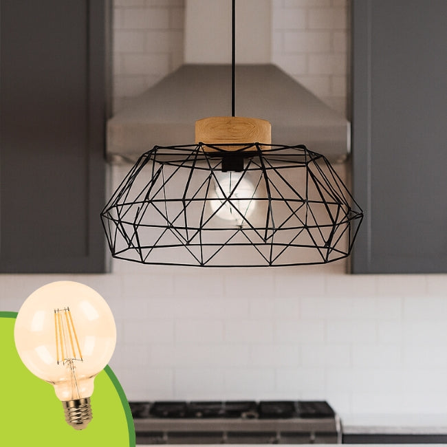 LÁMPARA COLGANTE PASMINA BLACK AND WOOD + FOCO LED G95 FILAMENTO ÁMBAR 4W 2700K LUZ CÁLIDA