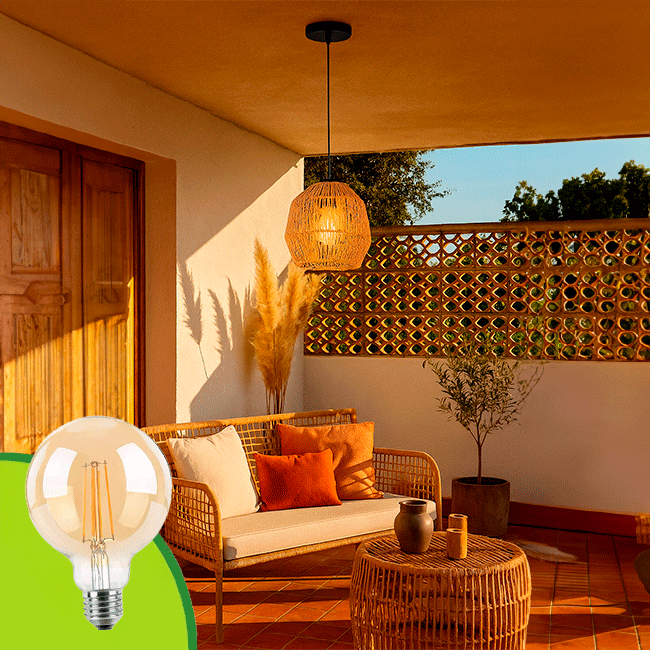 LÁMPARA COLGANTE ARTESANAL LUANA + FOCO LED G95 FILAMENTO ÁMBAR 4W 2700K LUZ CÁLIDA ILUMINA