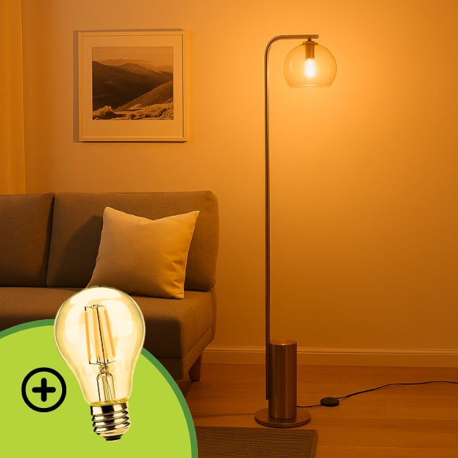 LÁMPARA DE PIE ALMUDENA GOLD LED + FOCO LED ÁMBAR A60 4W LUZ CÁLIDA