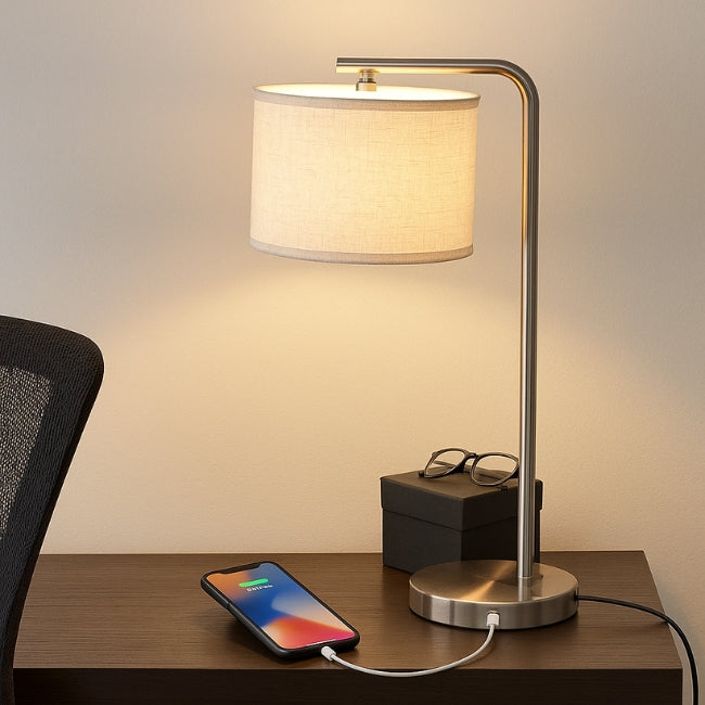 LÁMPARA DE MESA DIONA + CARGADOR USB PARA IPHONE Y ANDROID + FOCO LED FILAMENTO G45 4W E27 TRANSPARENTE LUZ CÁLIDA