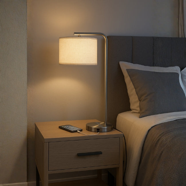 LÁMPARA DE MESA DIONA + CARGADOR USB PARA IPHONE Y ANDROID + FOCO LED FILAMENTO G45 4W E27 TRANSPARENTE LUZ CÁLIDA