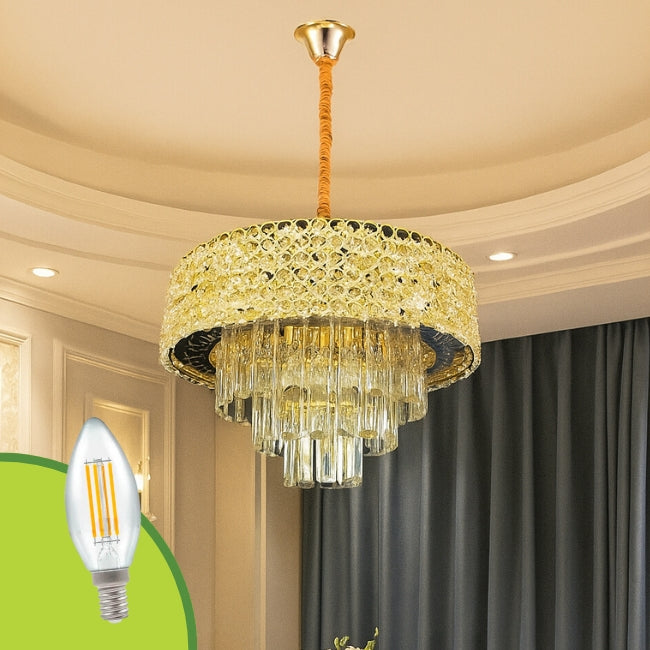 LÁMPARA COLGANTE LED MALAK KRYSTAL GOLD + FOCO VELA E14 4W TRANSP LUZ CÁLIDA