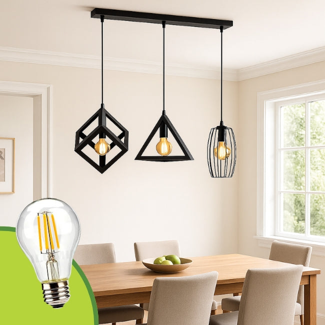 LÁMPARA COLGANTE ALMENDRA BLACK ART DECO + FOCO LED TRANSPARENTE A60 4W LUZ CÁLIDA