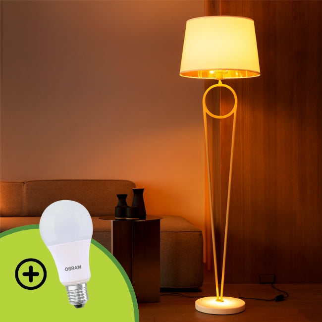LÁMPARA DE PIE OLINDA GOLD AND WHITE LED + FOCO LED 12W LUZ CÁLIDA