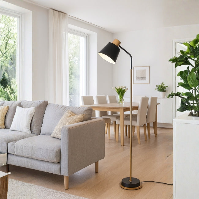 LÁMPARA DE PIE LUXIANA BLACK AND GOLD LED + FOCO LED 12W LUZ CÁLIDA