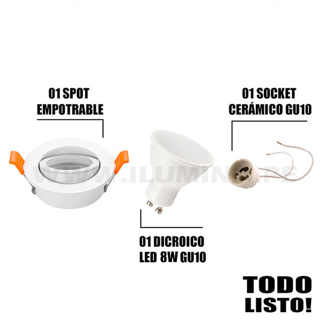 SET COMPLETO - SPOT EMPOTRABLE RECESADO MARIANA CON DICROICO LED 8W LUZ CÁLIDA