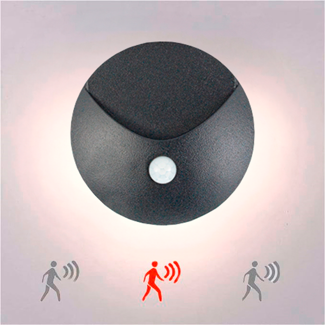 SPOT LUZ GUÍA DE PASO RAQUEL LED SIMÉTRICO 3W CIRCULAR NEGRO CON SENSOR DE MOVIMIENTO LUZ CÁLIDA