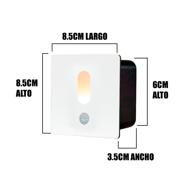 SPOT LUZ GUÍA DE PASO LUCIANA LED SIMÉTRICO 3W CUADRADO BLANCO CON SENSOR DE MOVIMIENTO LUZ CÁLIDA