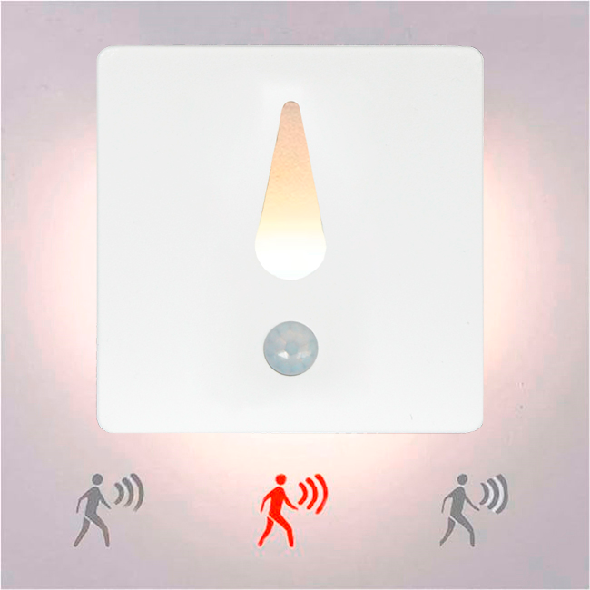 SPOT LUZ GUÍA DE PASO MAITÉ LED SIMÉTRICO 3W CUADRADO BLANCO CON SENSOR DE MOVIMIENTO LUZ CÁLIDA