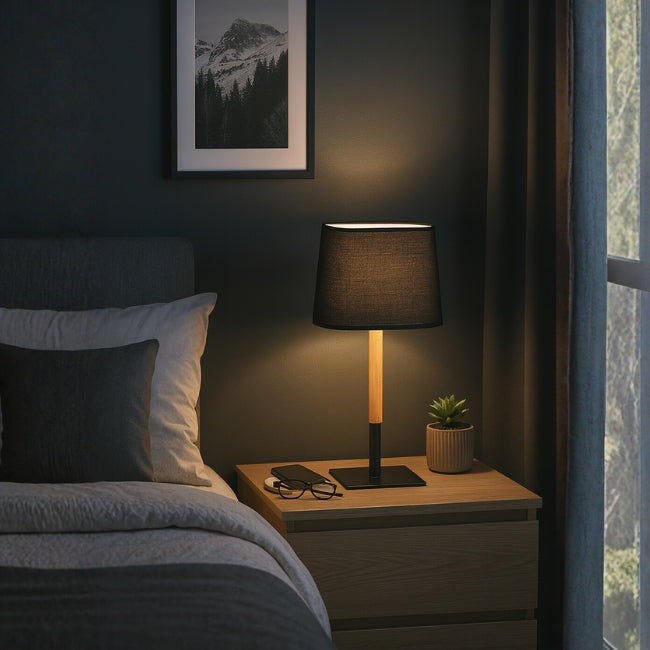 LÁMPARA DE MESA POLONIA WOOD AND BLACK + FOCO LED 12W LUZ CÁLIDA