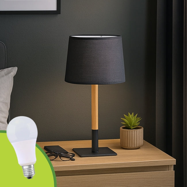 LÁMPARA DE MESA POLONIA WOOD AND BLACK + FOCO LED 12W LUZ CÁLIDA