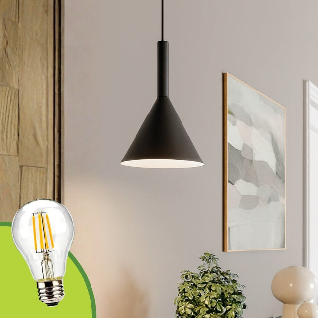 LÁMPARA COLGANTE ALUMINIO EMILIA BLACK LED +FOCO LED TIPO PERA A60 FILAMENTO TRANSP 4W 2700K LUZ CÁLIDA
