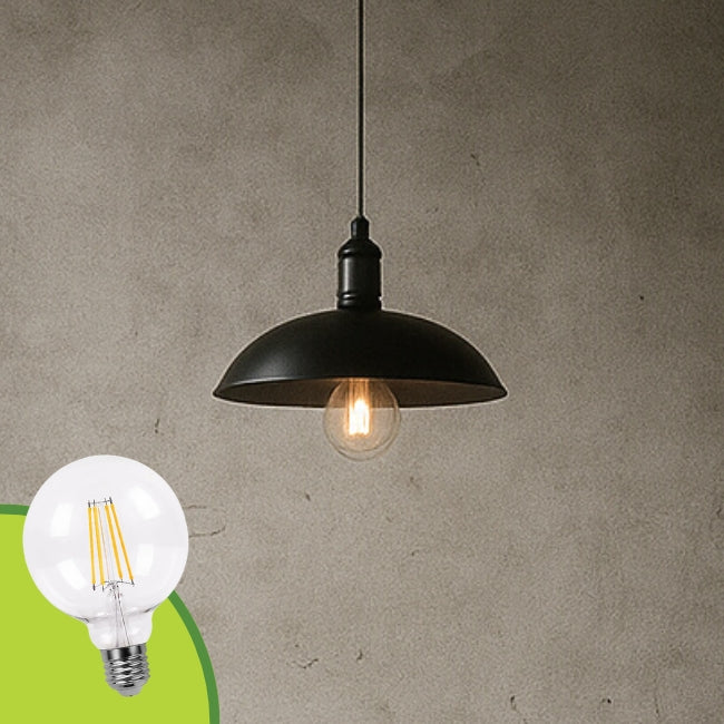 LÁMPARA COLGANTE CAMPANA DE ALUMINIO FELICIA BLACK + FOCO LED G95 FILAMENTO TRANSP 4W 2700K LUZ CÁLIDA