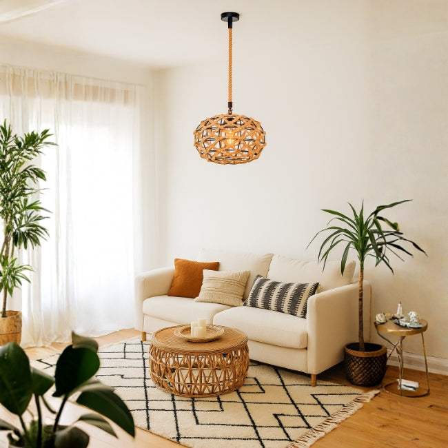 LÁMPARA COLGANTE ARTESANAL FLAVIA + FOCO LED G95 FILAMENTO ÁMBAR 4W 2700K LUZ CÁLIDA