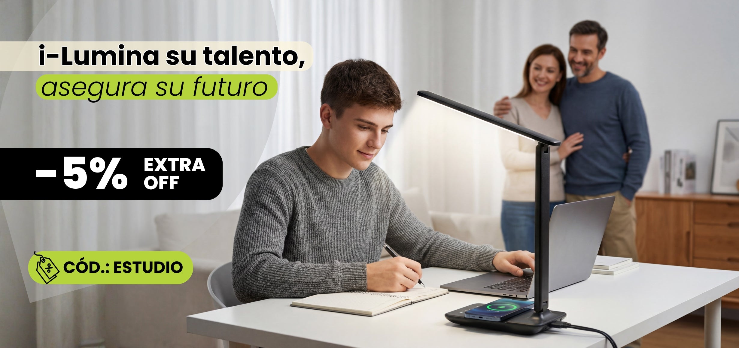 Potencia el aprendizaje con la iluminación ideal. Esta lámpara LED de diseño minimalista no solo protege la vista de los estudiantes con su luz regulable, sino que mantiene sus dispositivos siempre listos gracias a su base con carga inalámbrica integrada.