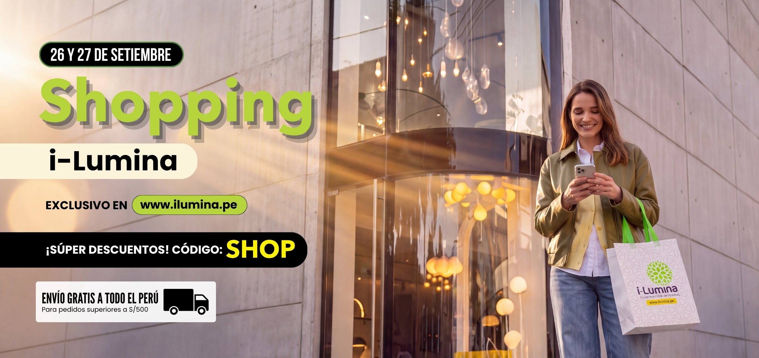Shopping i-Lumina 26 y 27 de setiembre: súper descuentos en lámparas con el código SHOP, exclusivo online en ilumina.pe
