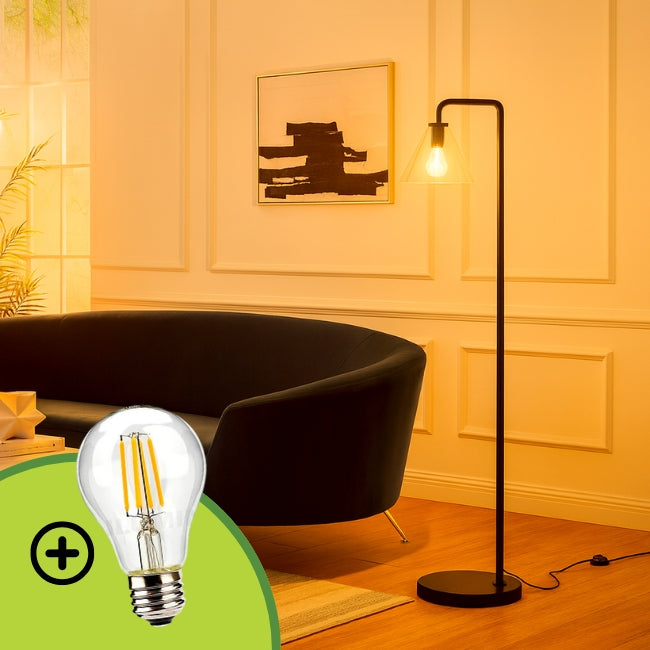 LÁMPARA DE PIE SALOMÉ GLASS BLACK LED + FOCO LED TRANSPARENTE A60 4W LUZ CÁLIDA