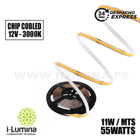 SET COMPLETO - CINTA COB LED FLEX 55W LUZ CÁLIDA 3000K COB - 5MTS MARCA ILUMINA + TRANSFORMADOR 100W