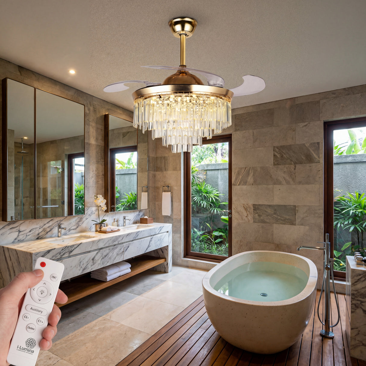ventilador de techo elegante para baño principal de lujo i-lumina