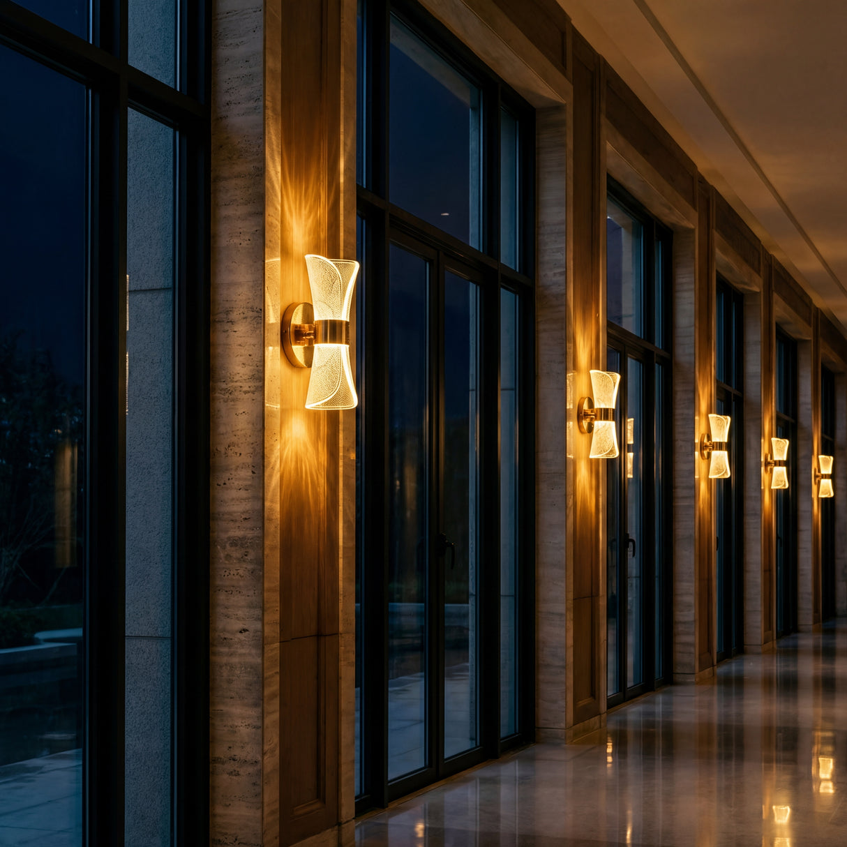 Iluminacion decorativa nocturna en un corredor con multiples lamparas Galaxy Gold instaladas en serie.