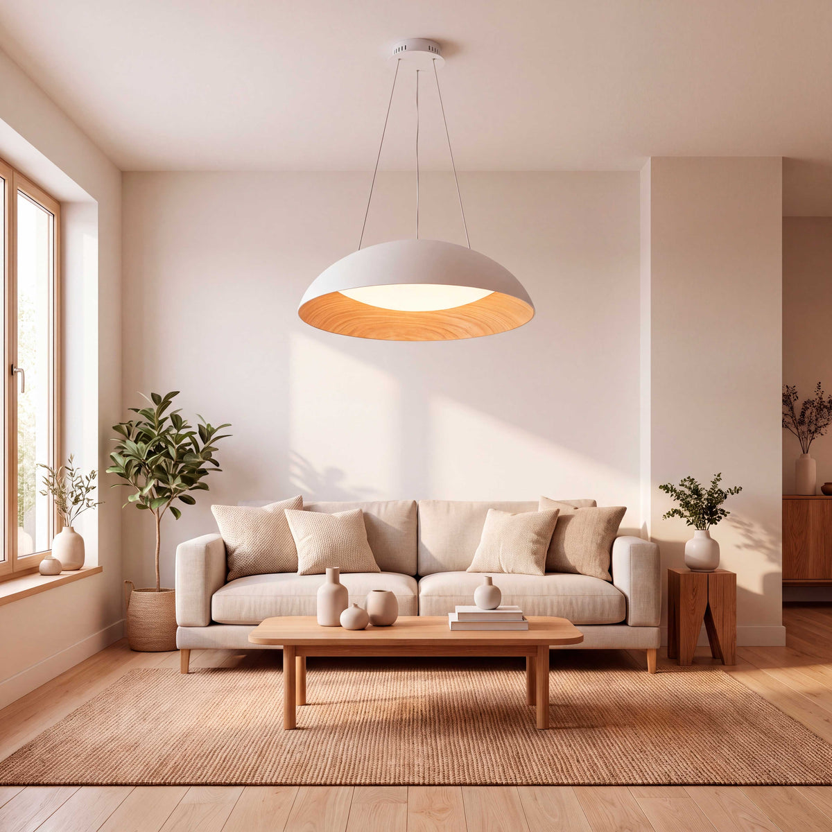 LÁMPARA COLGANTE LED TECA WHITE WOOD + CONTROL REMOTO
