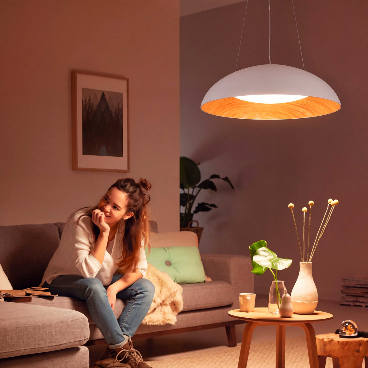 LÁMPARA COLGANTE LED TECA WHITE WOOD + CONTROL REMOTO