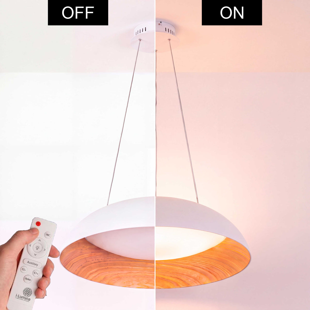 LÁMPARA COLGANTE LED TECA WHITE WOOD + CONTROL REMOTO