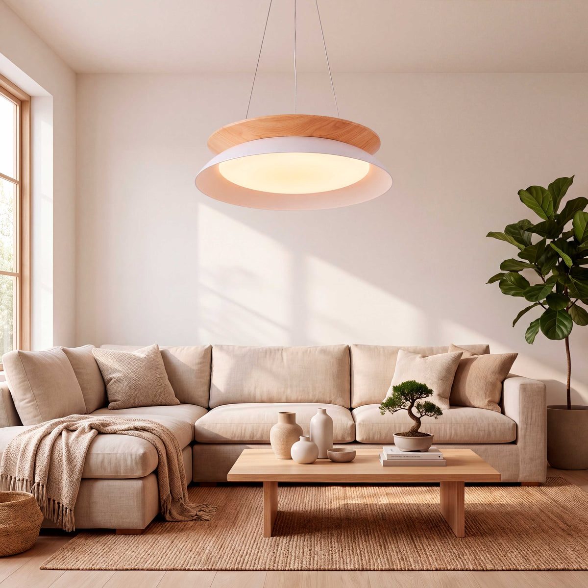 LÁMPARA COLGANTE LED HANNA WHITE WOOD + CONTROL REMOTO