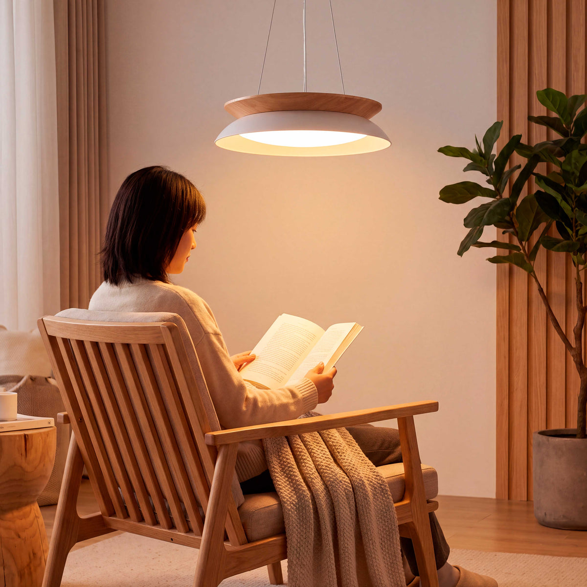 LÁMPARA COLGANTE LED HANNA WHITE WOOD + CONTROL REMOTO
