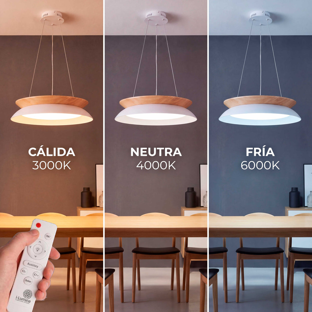 LÁMPARA COLGANTE LED HANNA WHITE WOOD + CONTROL REMOTO