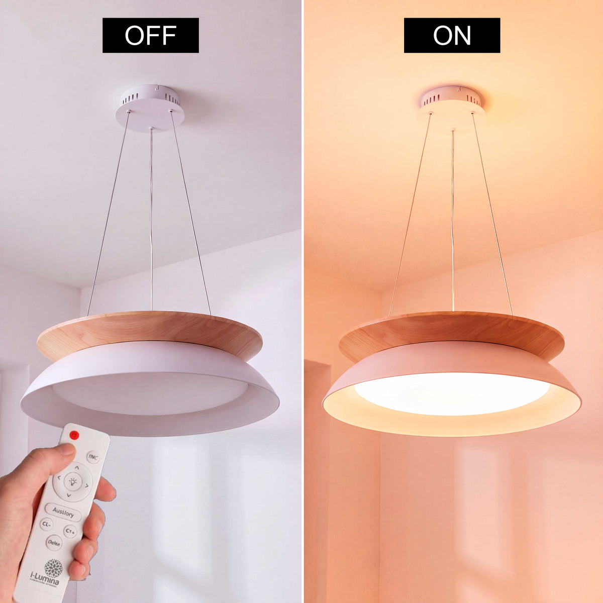 LÁMPARA COLGANTE LED HANNA WHITE WOOD + CONTROL REMOTO