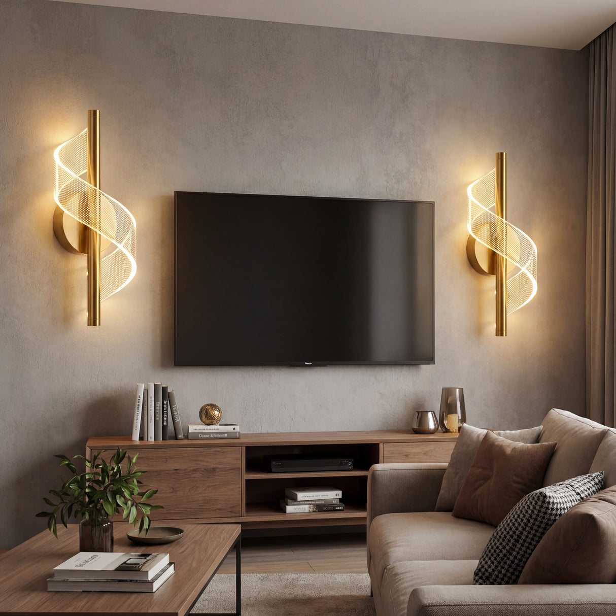 Dos lamparas Helix Gold flanqueando un televisor en una sala de estar contemporanea con luz calida.