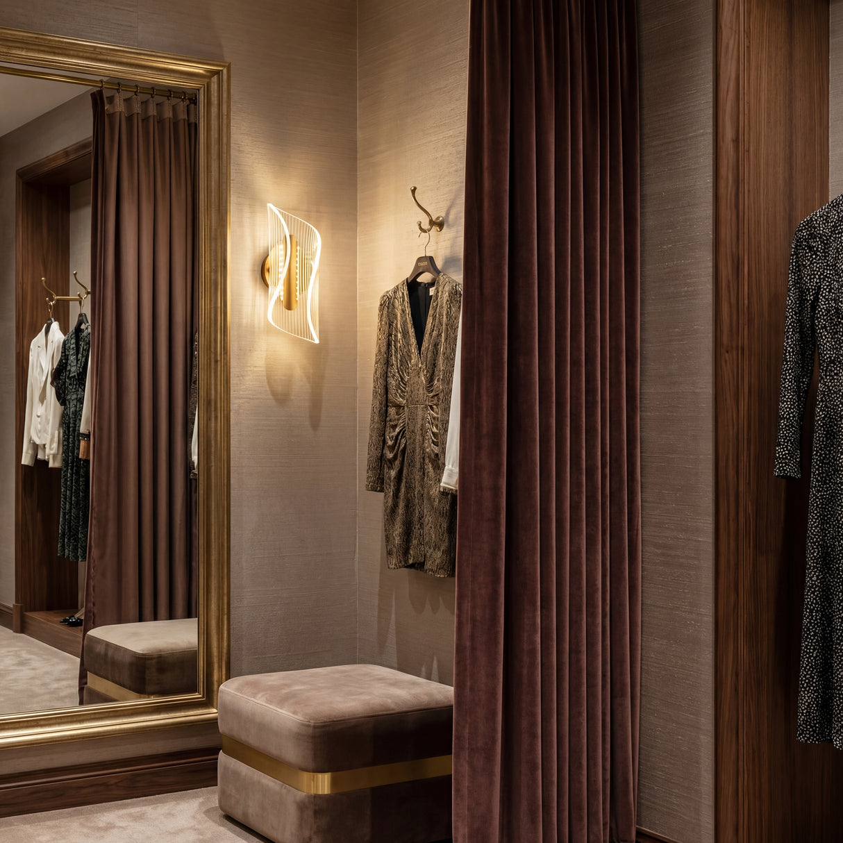 Lampara Vortex Gold instalada junto a un espejo de vestir creando un ambiente de vestidor lujoso.