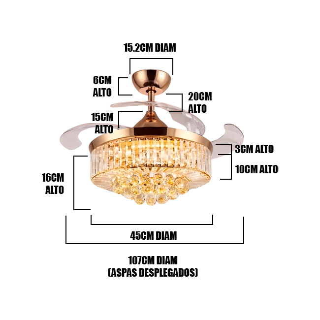 LÁMPARA VENTILADOR LED RETRÁCTIL CRYSTAL IMPERIO GOLD + CONTROL REMOTO