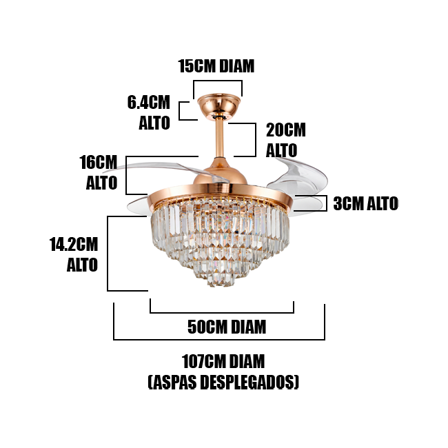LÁMPARA VENTILADOR LED RETRÁCTIL CRYSTAL DIAMANTE GOLD + CONTROL REMOTO