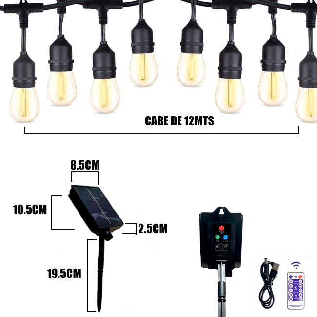 GUIRNALDA LED SOLAR COLGANTE DE 12MTS + 10 FOCOS LED + CONTROL REMOTO